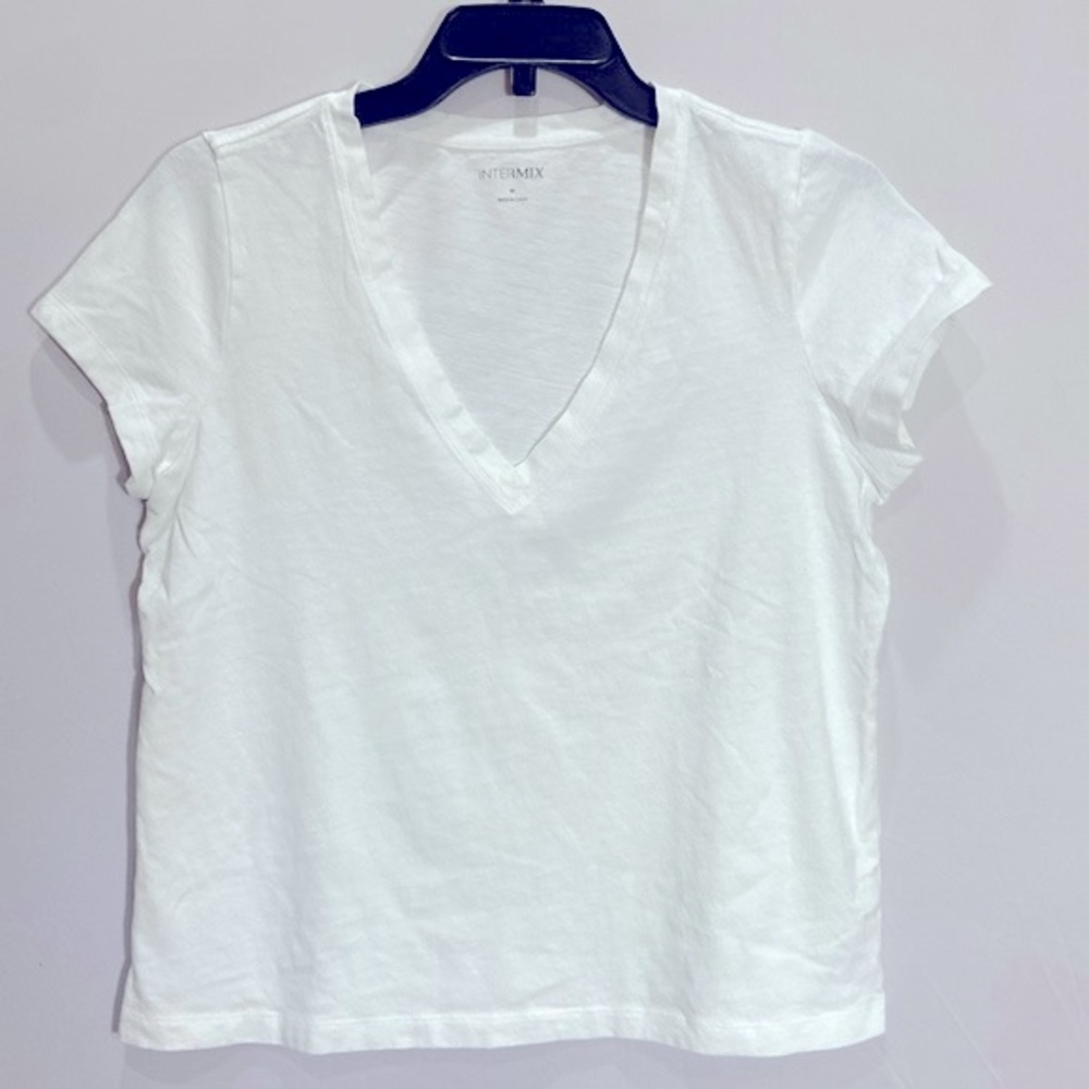 Intermix Cropped Tee Shirt Top White V Neck Angled Short Sleeve Cotton